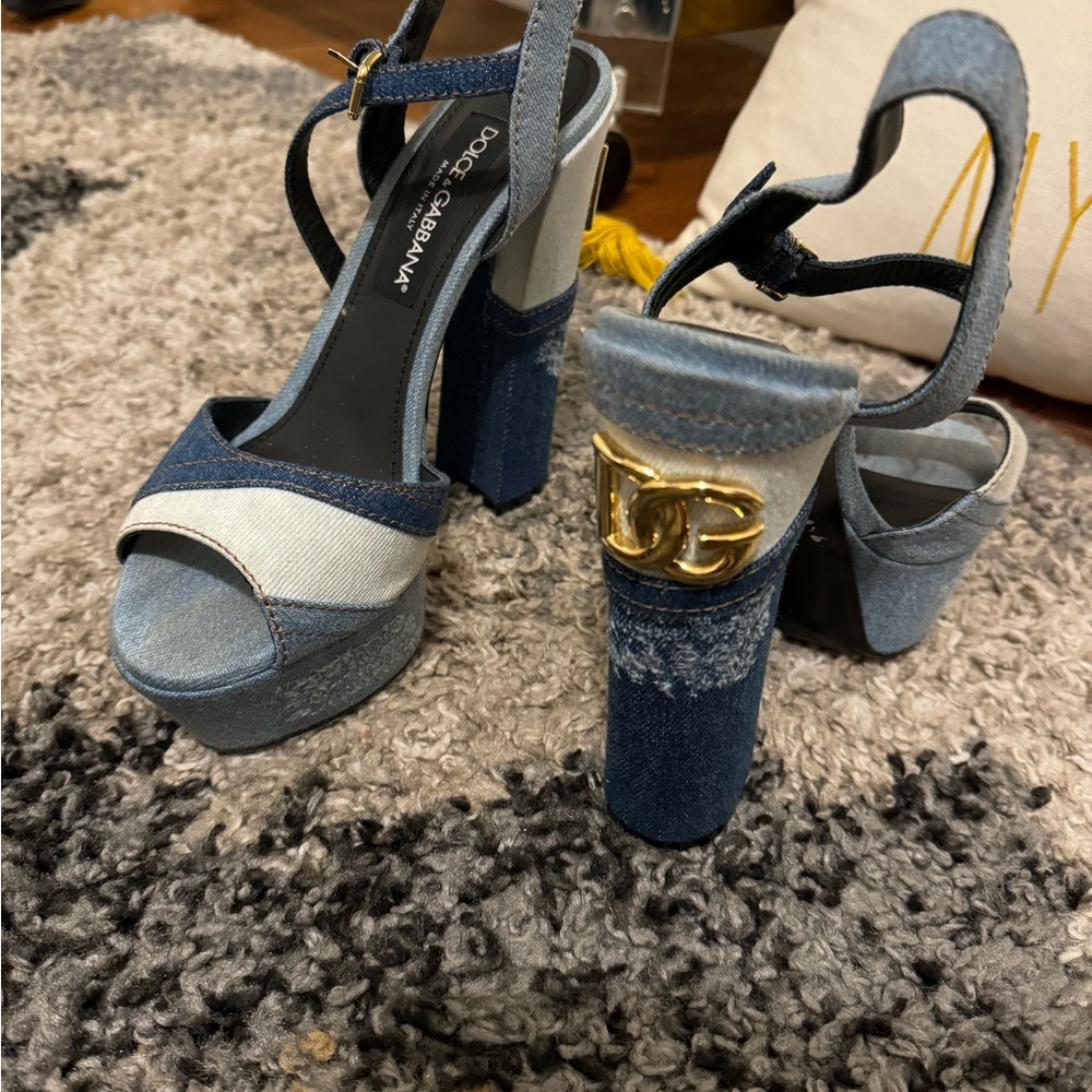 Dolce & Gabbana Denim and Gold Platform Heels
(Bag is not included)